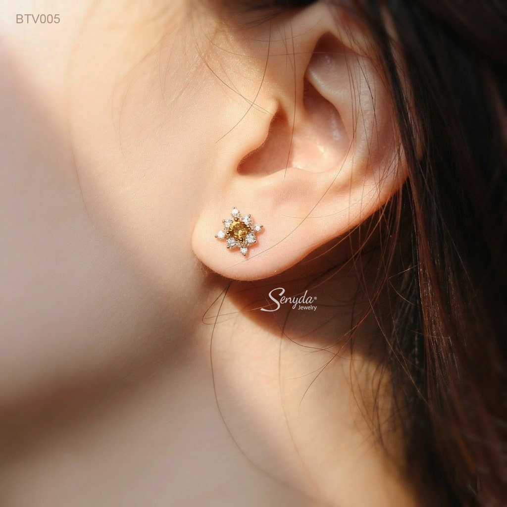 BTV005 Bông tai vàng Senyda halo vuông nhọn Tourmaline vàng