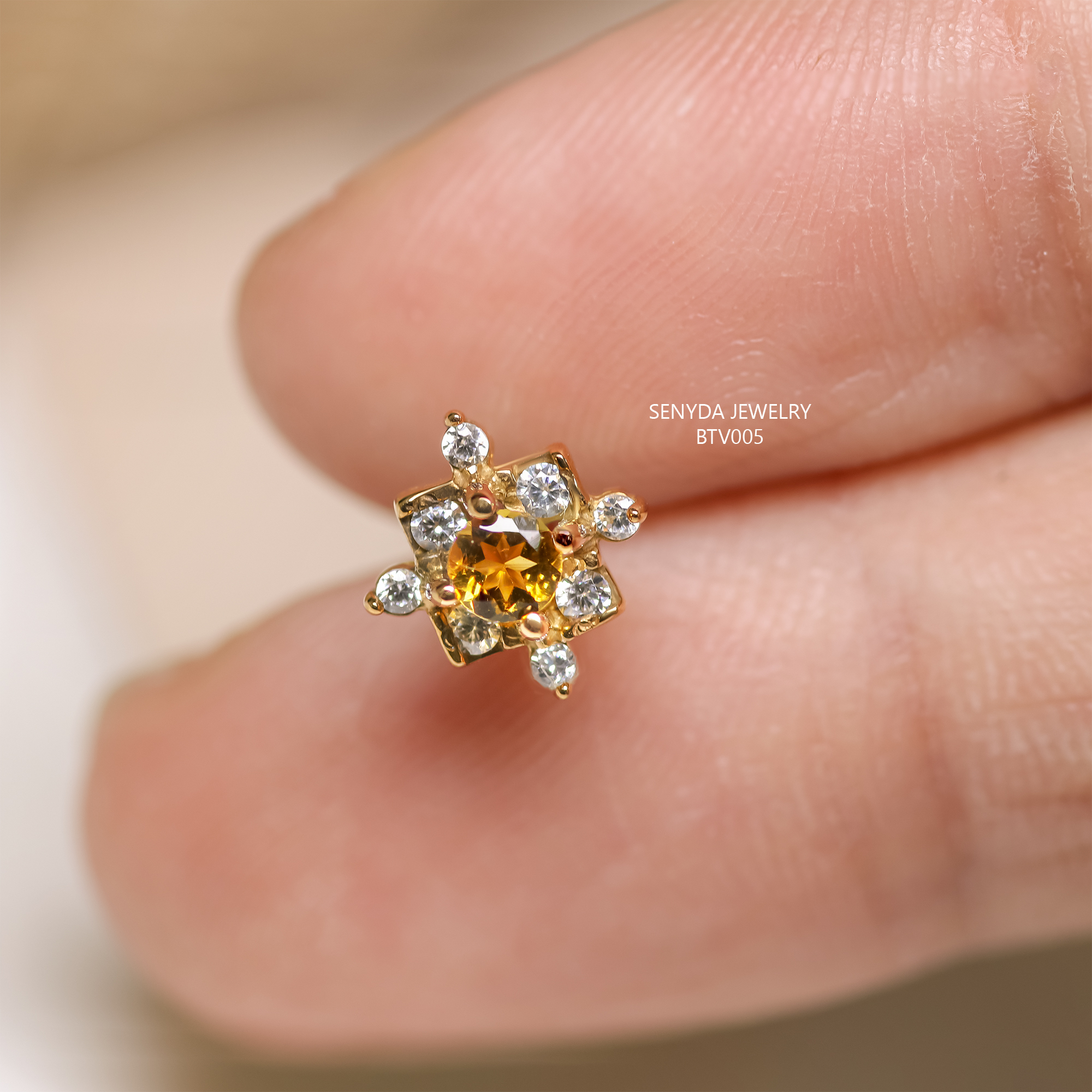 BTV005 Bông tai vàng Senyda halo vuông nhọn Tourmaline vàng