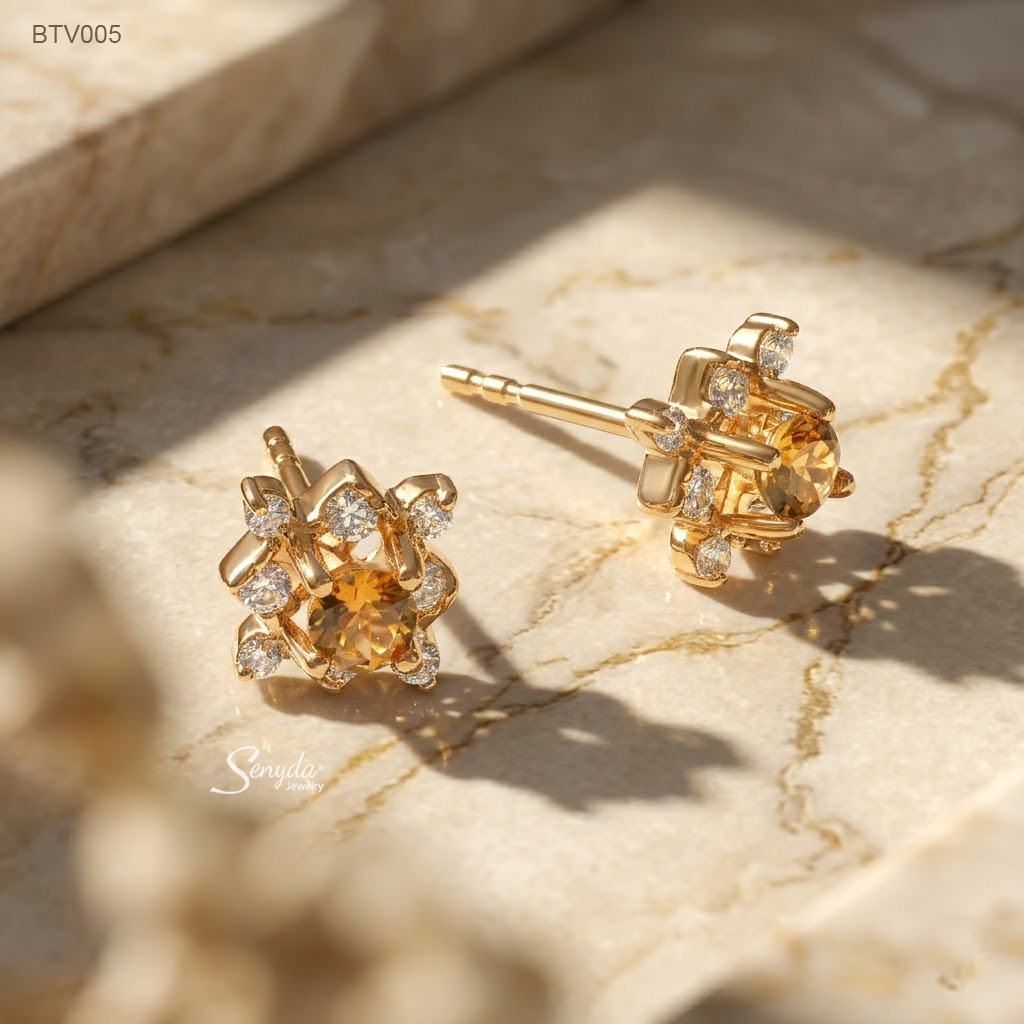 BTV005 Bông tai vàng Senyda halo vuông nhọn Tourmaline vàng