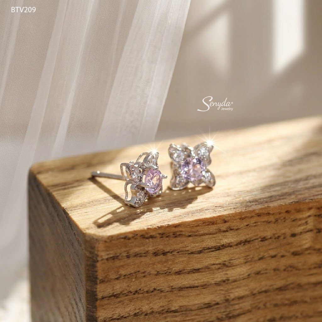 BTV209 Bông tai vàng Senyda nụ đá Amethyst 4 cánh bướm