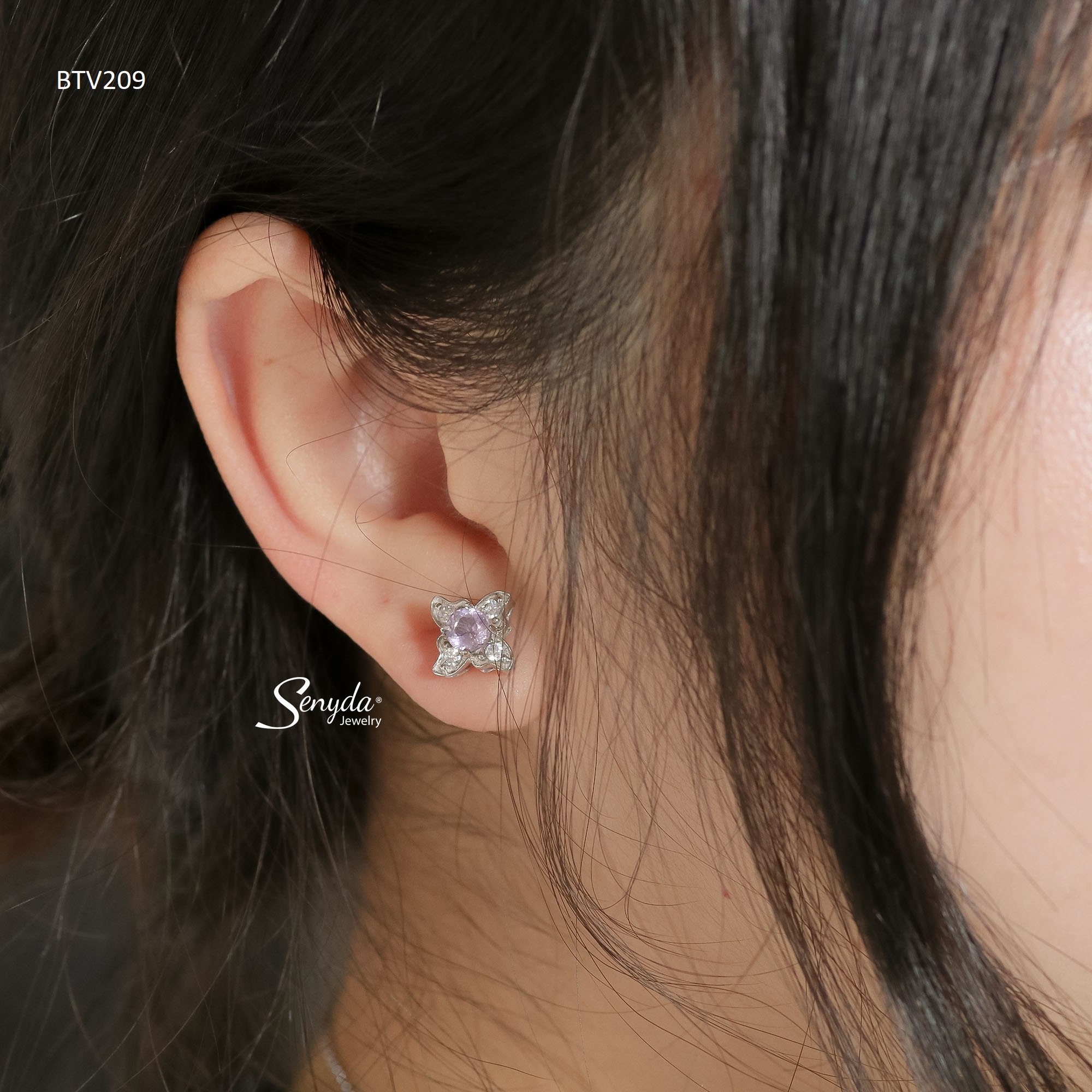 BTV209 Bông tai vàng Senyda nụ đá Amethyst 4 cánh bướm