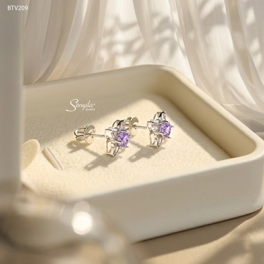 BTV209 Bông tai vàng Senyda nụ đá Amethyst 4 cánh bướm