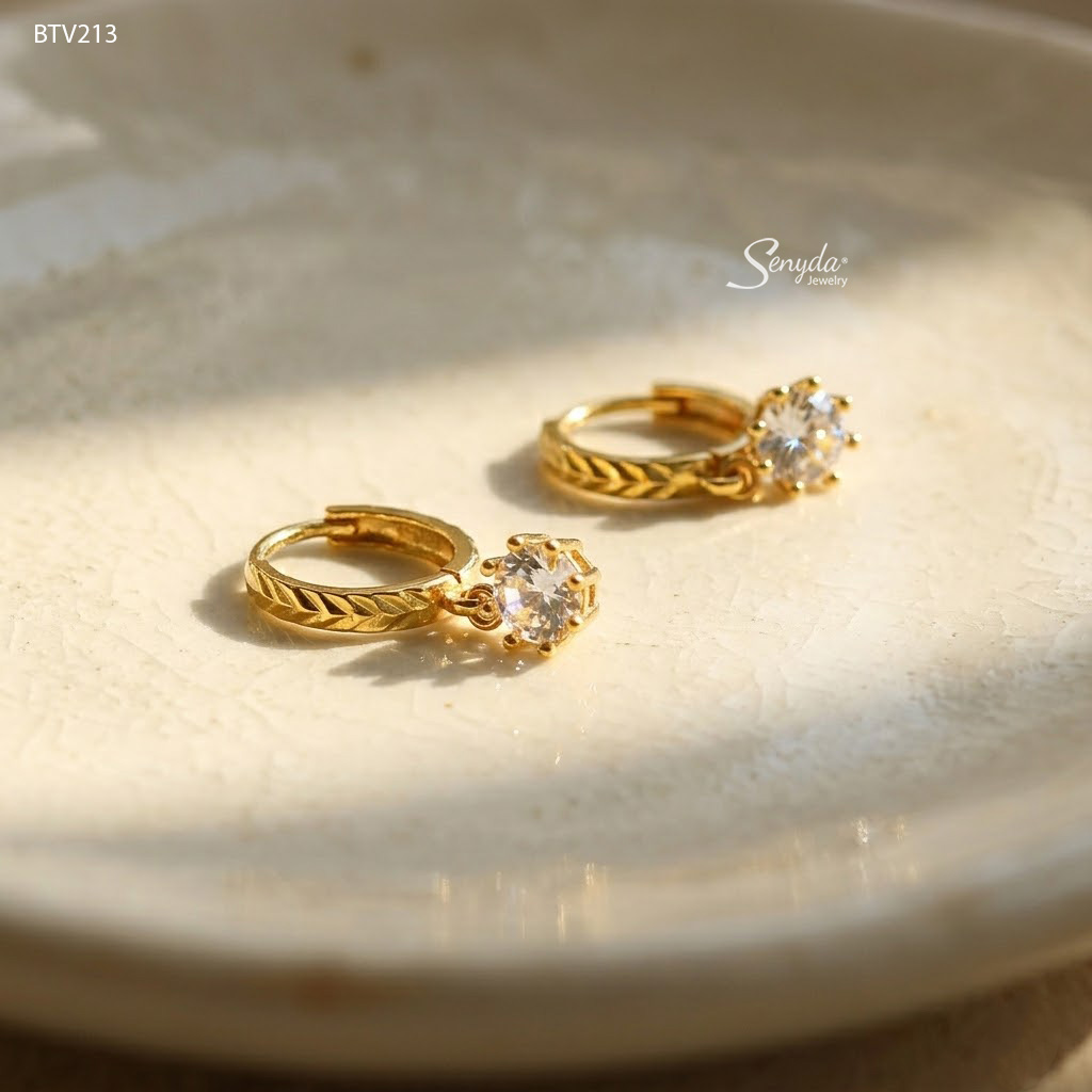 BTV213 Bông tai vàng Senyda khoen giác nụ đá 5mm 8 chấu treo