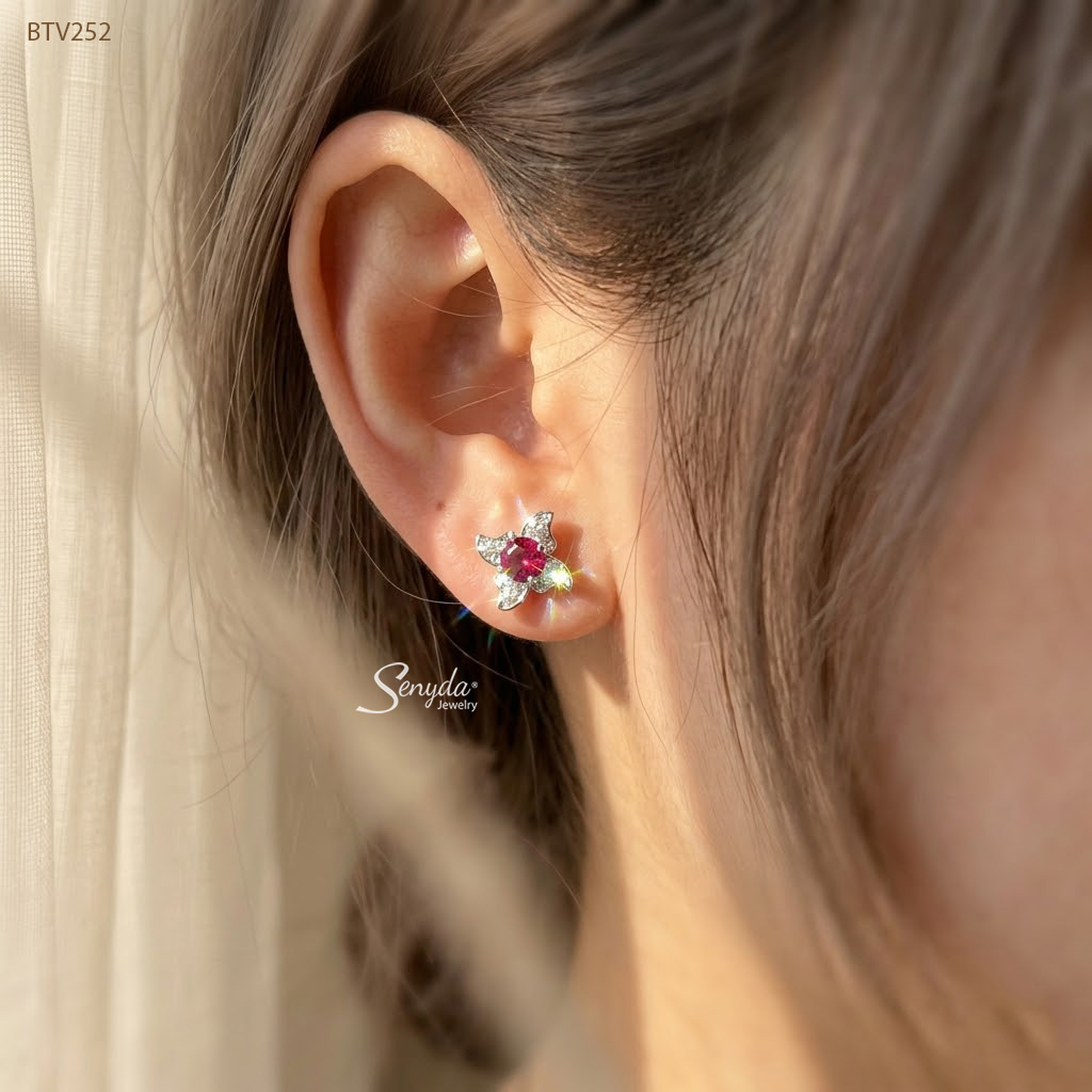 BTV252 Bông tai vàng Senyda nụ đá Spinel 4 cánh bướm