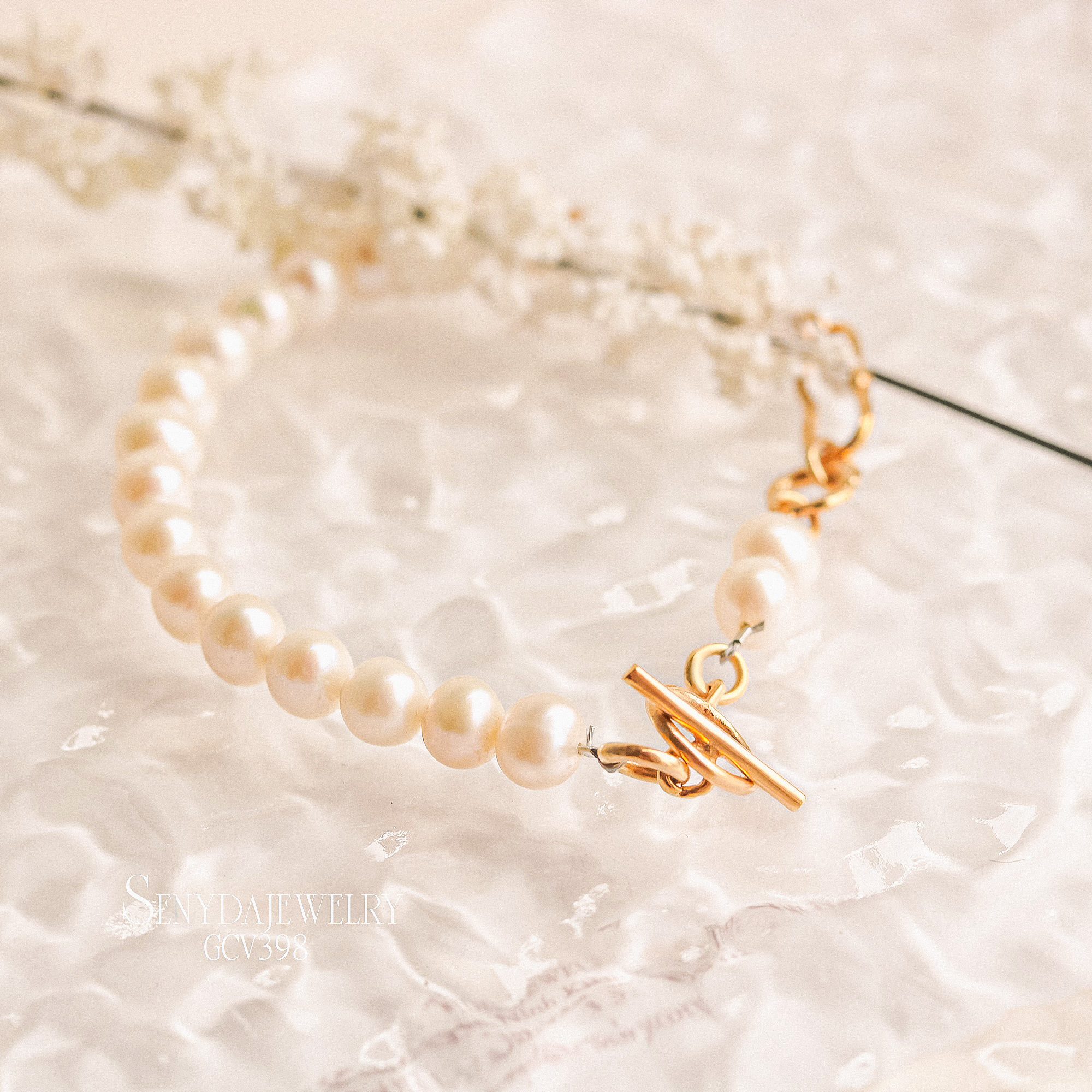 GCV398 Lắc tay vàng Senyda ngọc trai phối khoen tròn xen dài khóa OT