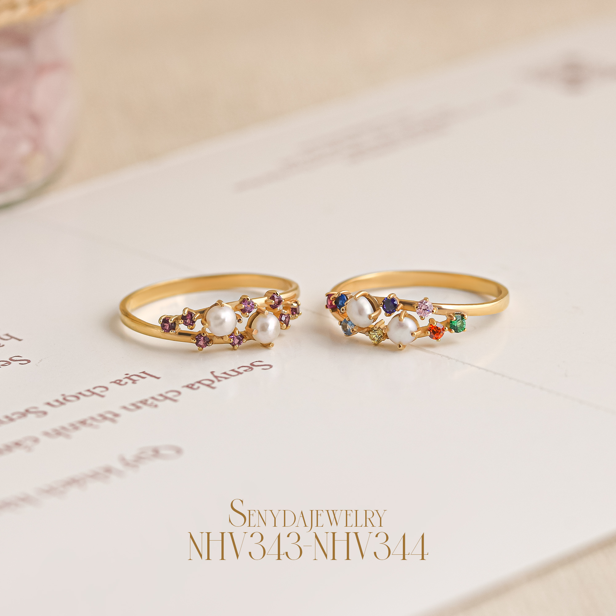 Nhẫn 2 dãy đá màu kết ngọc trai Senyda