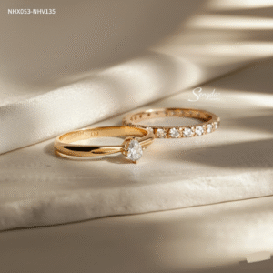 NHV135-NHX053 Nhẫn cưới vàng Senyda giọt nước đai nơ phồng kết hợp full đá