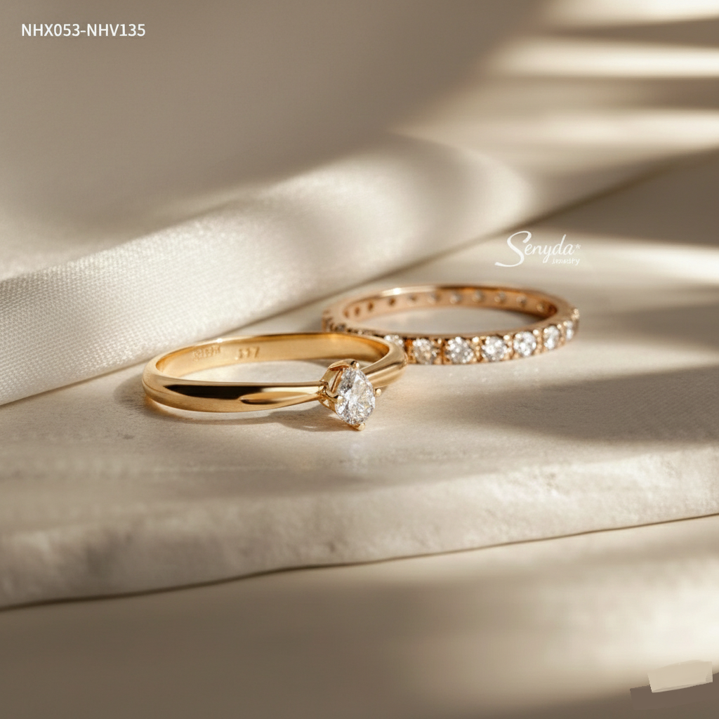 NHV135-NHX053 Nhẫn cưới vàng Senyda giọt nước đai nơ phồng kết hợp full đá