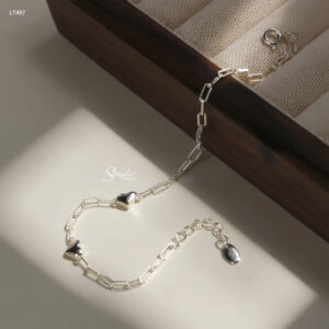 LT497 Lắc tay bạc Ý Senyda dây khoen dài xen tim trơn phồng nhỏ