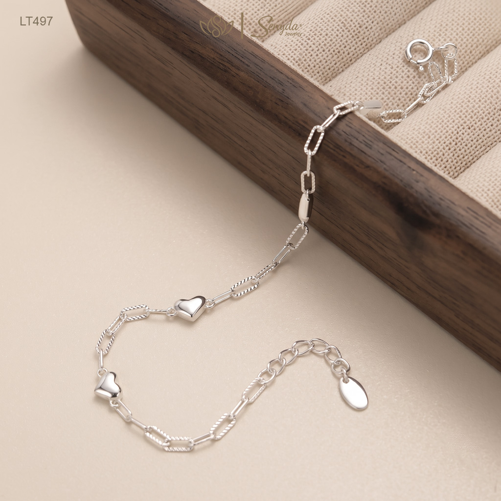 LT497 Lắc tay bạc Ý Senyda dây khoen dài xen tim trơn phồng nhỏ