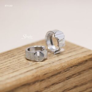 BTV180 Bông tai vàng Senyda khoen sọc ngang mặt tròn trơn rãnh giữa