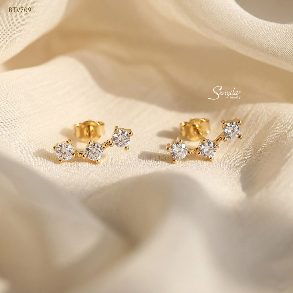 BTV709 Bông tai vàng Senyda dãy 3 nụ đá rời nhỏ