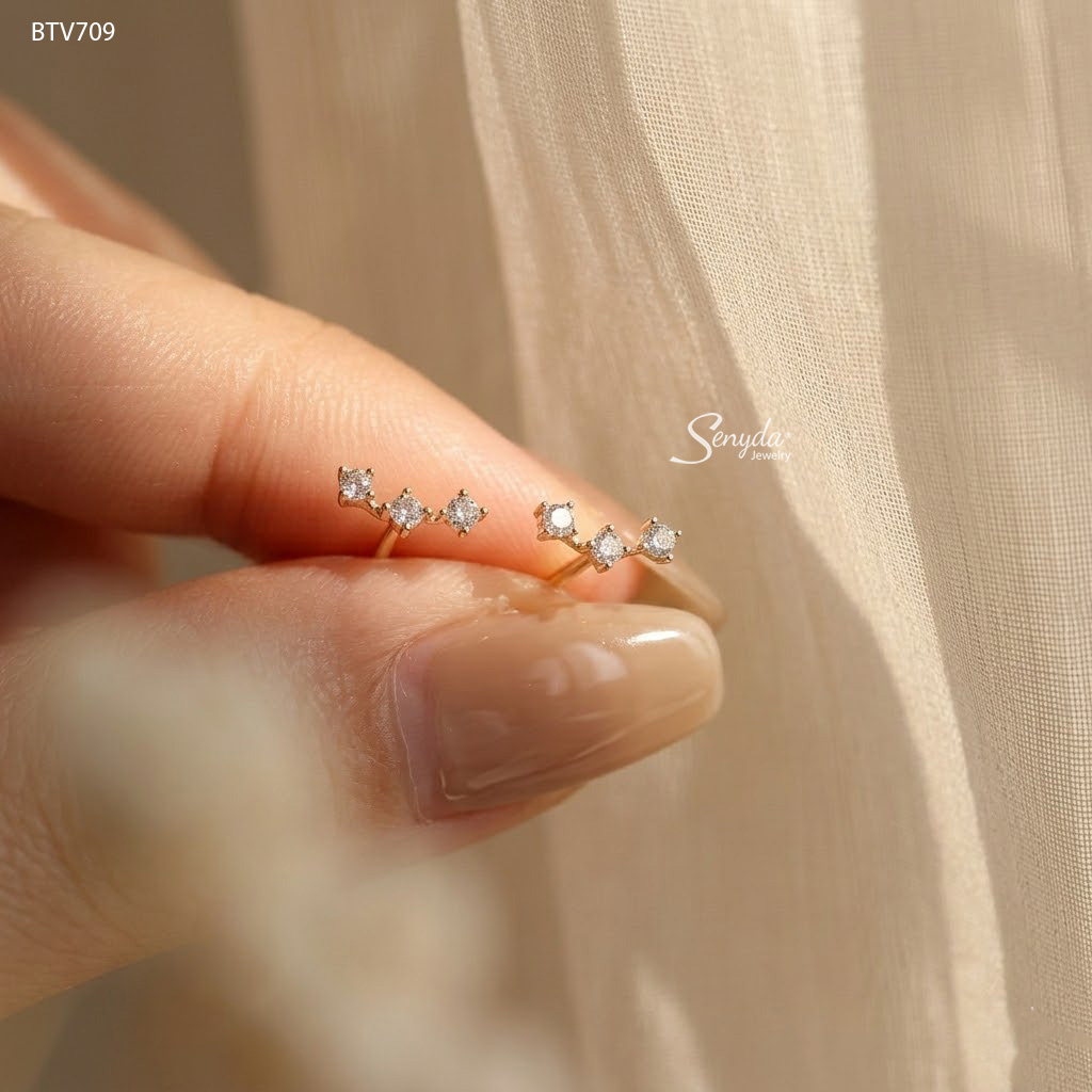 BTV709 Bông tai vàng Senyda dãy 3 nụ đá rời nhỏ