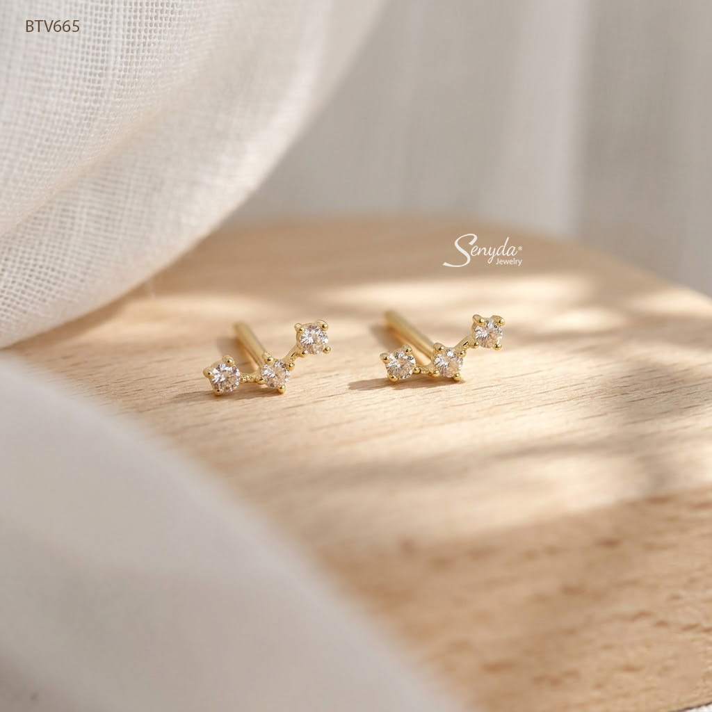 BTV709 Bông tai vàng Senyda dãy 3 nụ đá rời nhỏ
