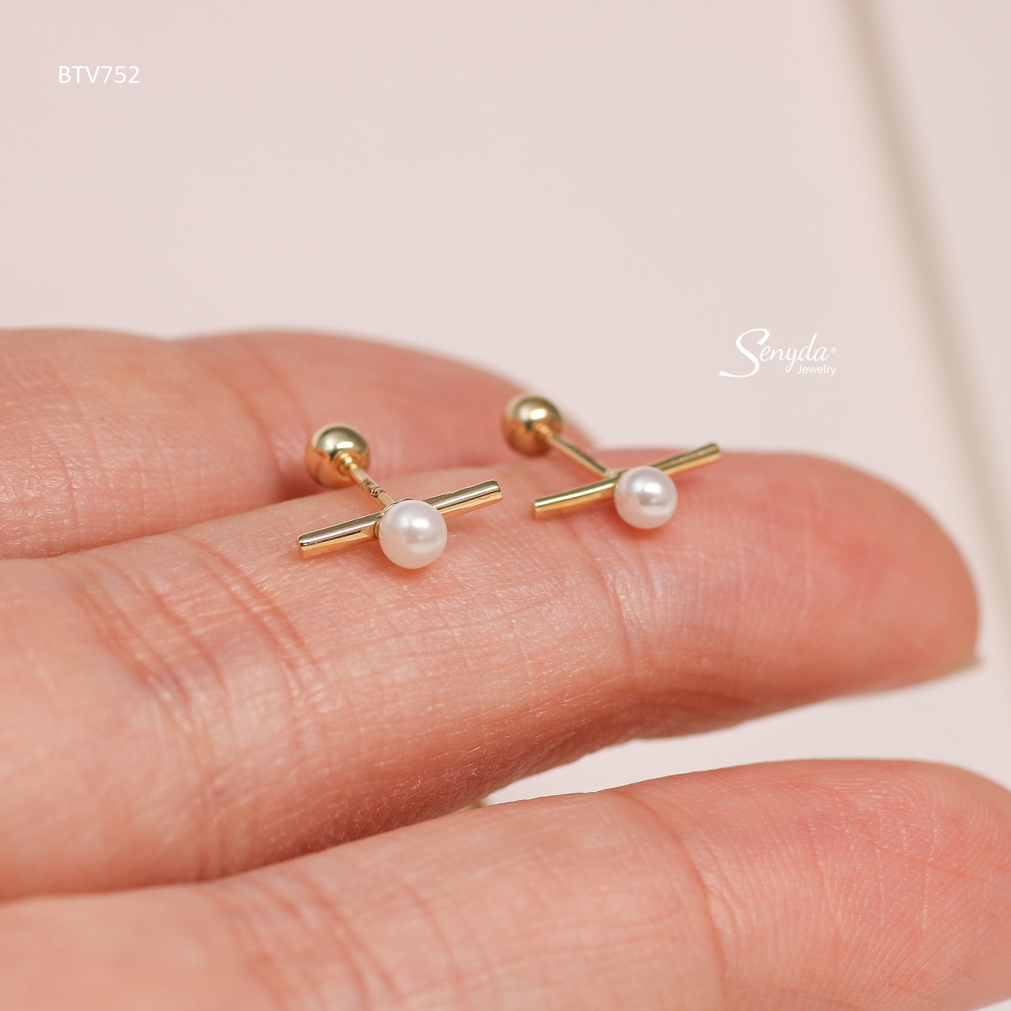 BTV752 Bông tai vàng Senyda ngọc trai nhỏ thanh dài trơn chốt bi vặn