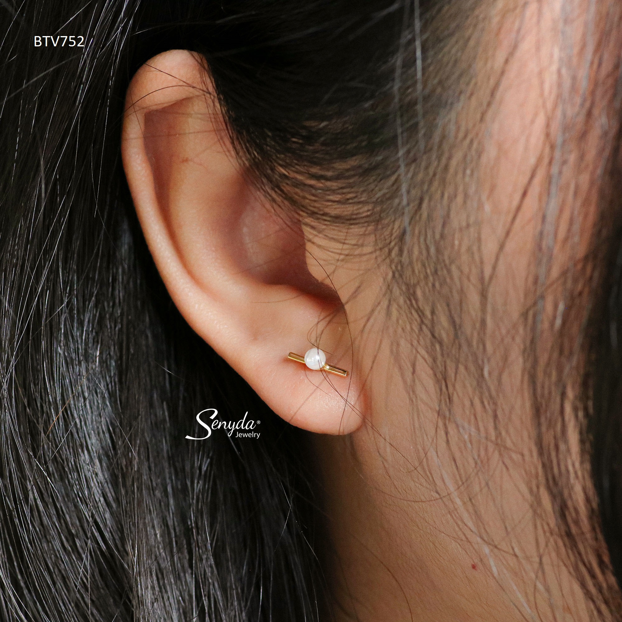 BTV752 Bông tai vàng Senyda ngọc trai nhỏ thanh dài trơn chốt bi vặn