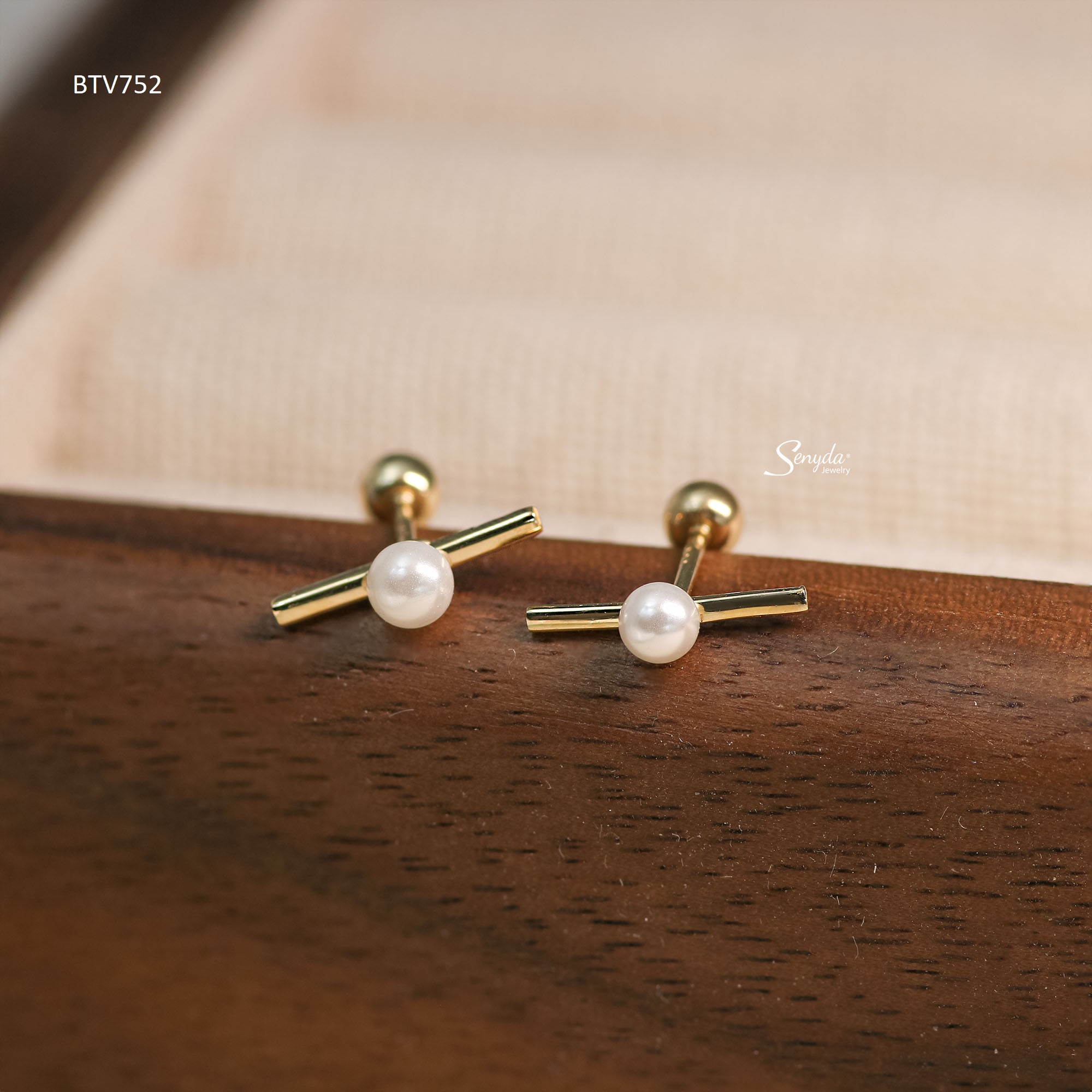 BTV752 Bông tai vàng Senyda ngọc trai nhỏ thanh dài trơn chốt bi vặn