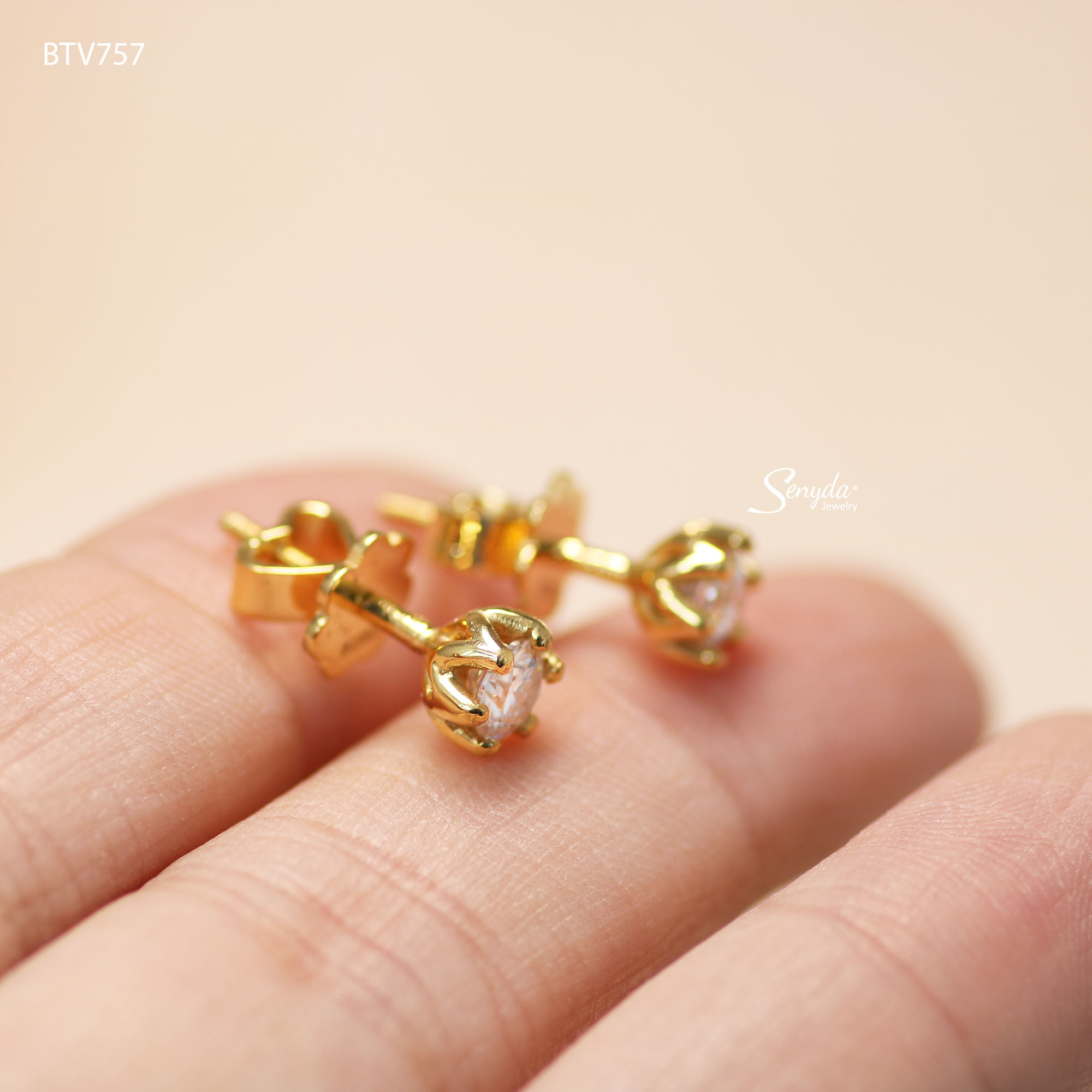 BTV757 Bông tai vàng Senyda nụ đá 6 chấu đít vặn