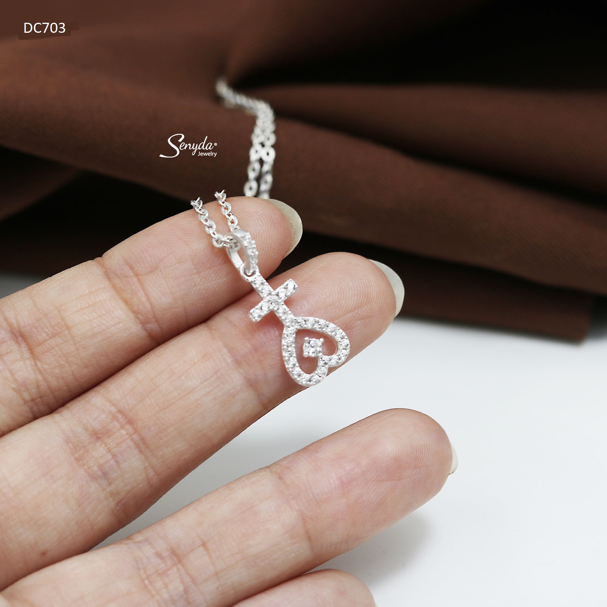 DC703 Dây chuyền bạc Ý Senyda thiên tâm trái tim thánh giá đá nhỏ