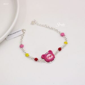 LB117 Lắc bạc cho bé Senyda dây chữ cong tròn mặt gấu hồng