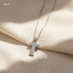 MN039 Dây chuyền bạc nam Senyda Mặt chữ T đá baguette nhỏ xi bạch kim