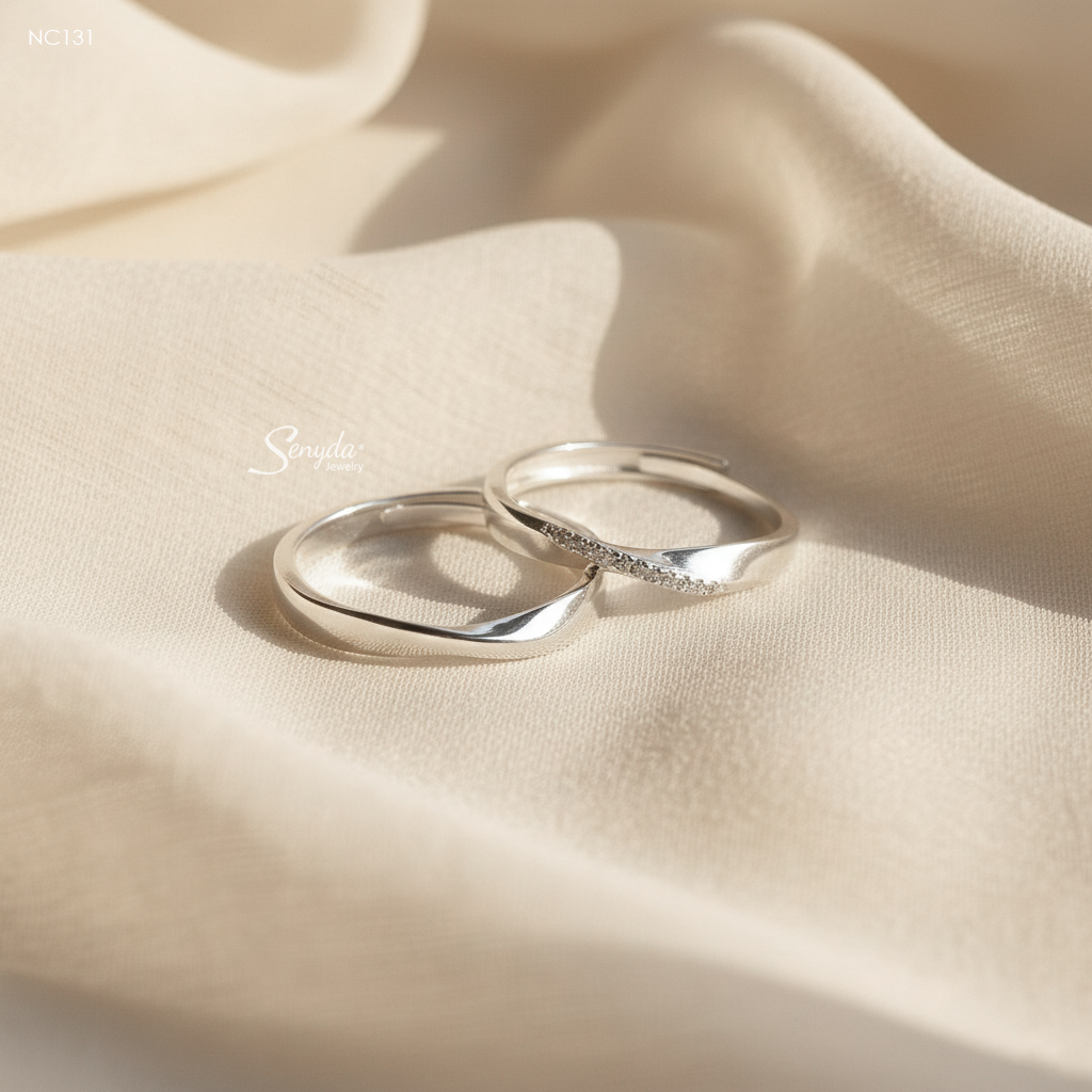 NC131 Nhẫn đôi bạc Ý Senyda xoắn nơ trơn đá