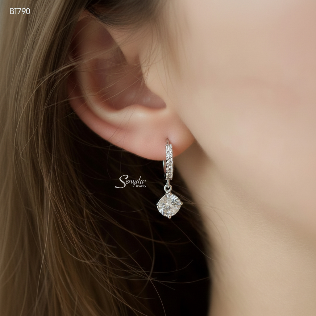 BT790 Bông tai bạc Ý Senyda khoen đá nụ đá