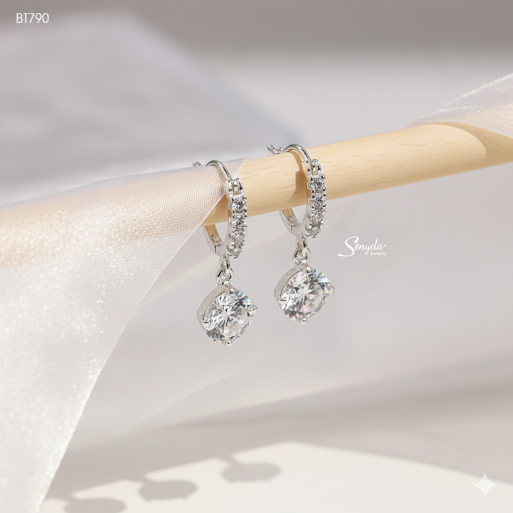 BT790 Bông tai bạc Ý Senyda khoen đá nụ đá