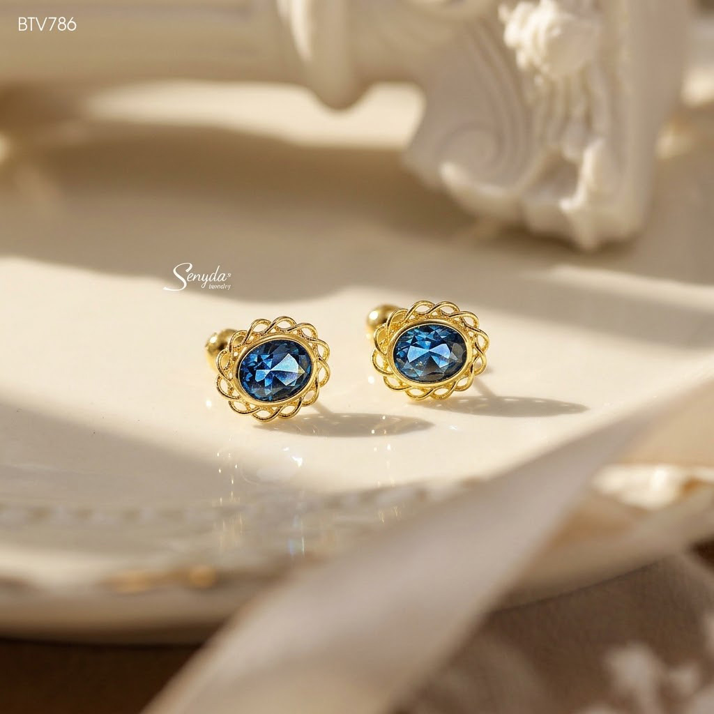 BTV786 Bông tai vàng Senyda đá oval viền hoa văn chốt bi vặn