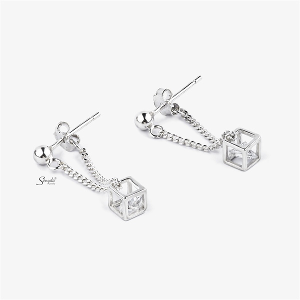 BT431 Bông tai bạc Ý Senyda dây treo cubi đá