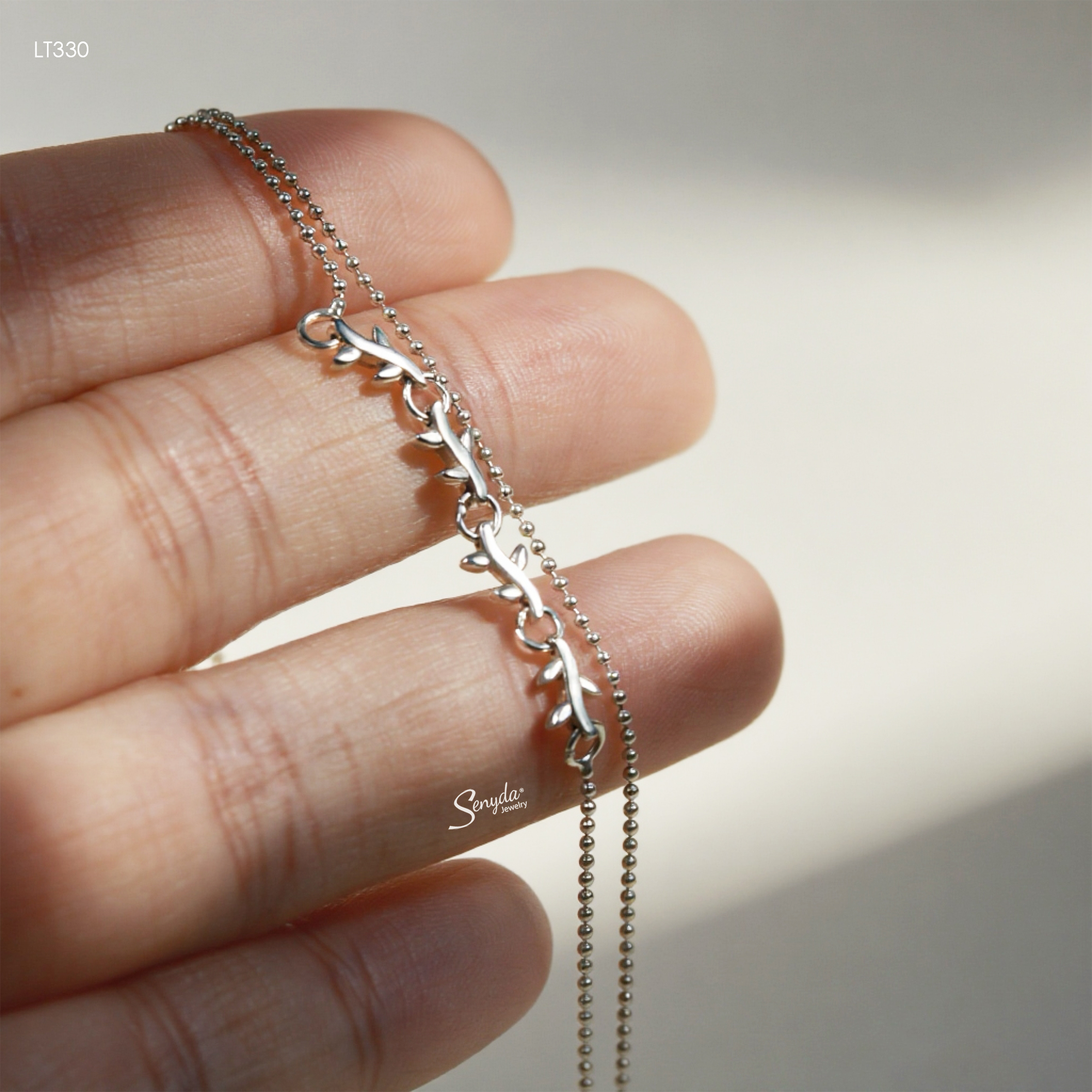 LT330 Lắc tay bạc Ý Senyda dây bi đôi nhánh lá