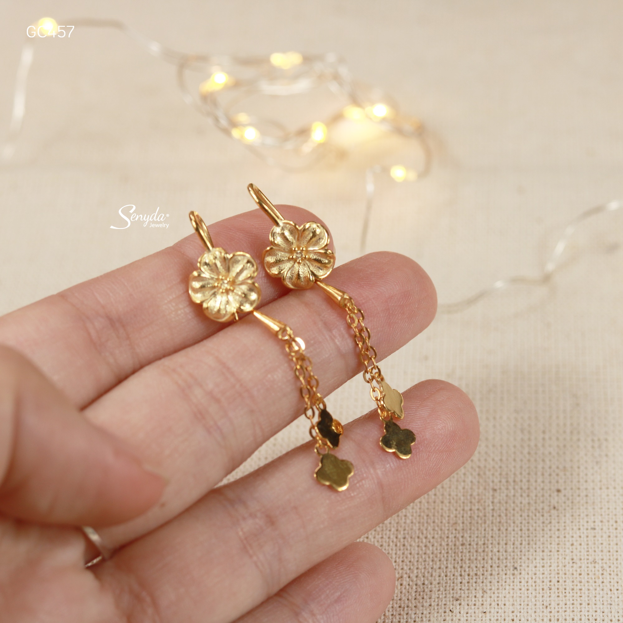 GC457 Bông tai bạc Ý Senyda khoen hoa mai nhám chụp dây dài hoa trơn treo