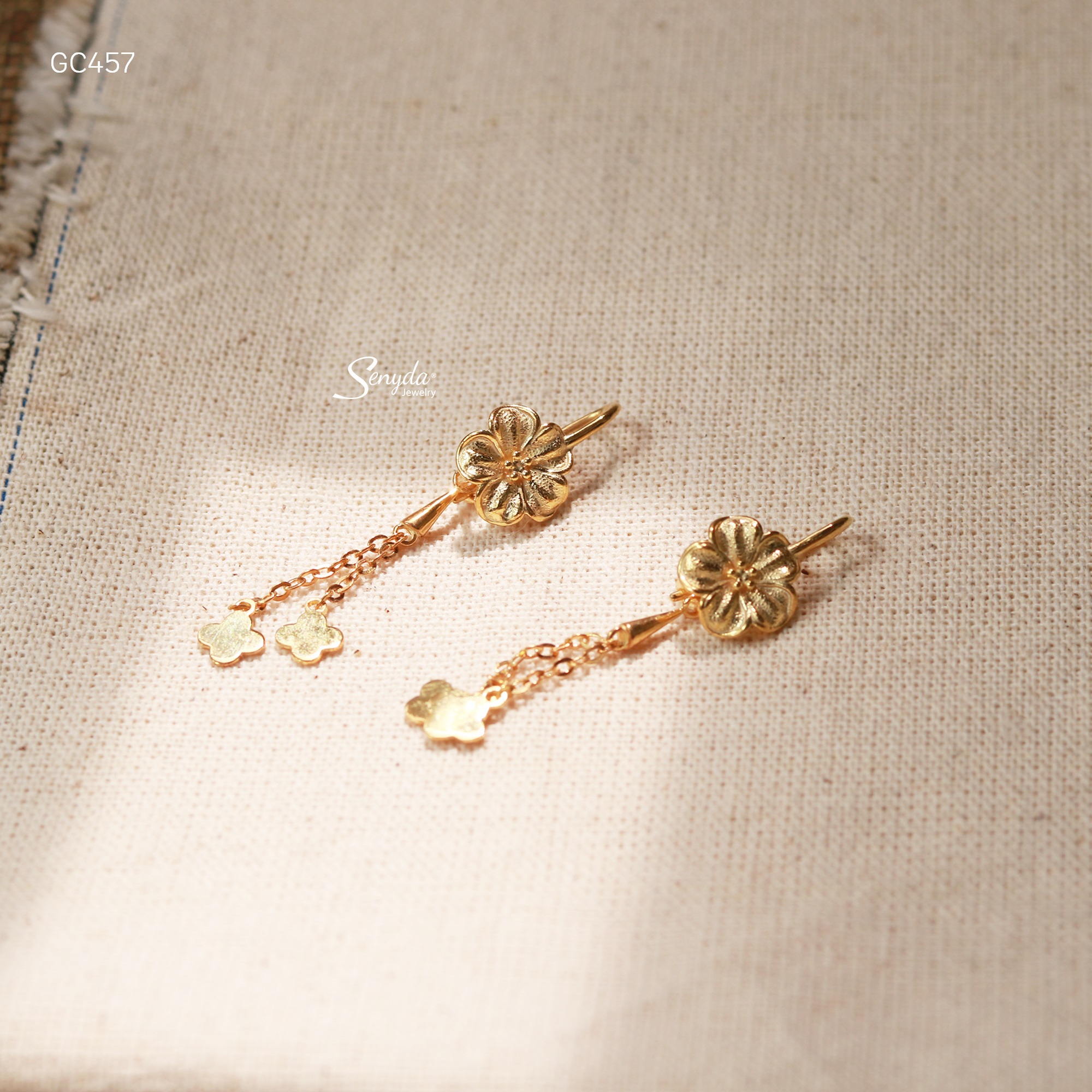 GC457 Bông tai bạc Ý Senyda khoen hoa mai nhám chụp dây dài hoa trơn treo