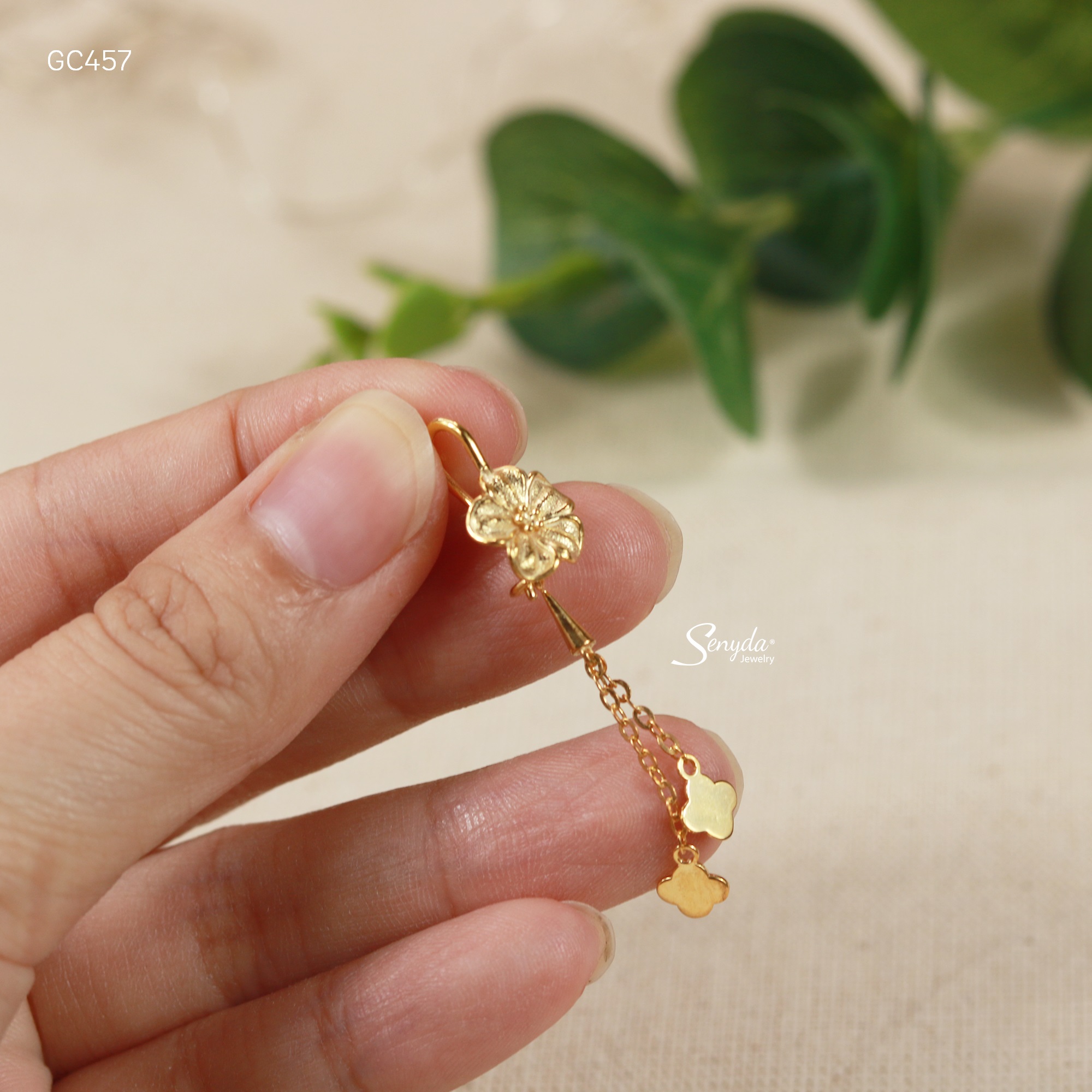 GC457 Bông tai bạc Ý Senyda khoen hoa mai nhám chụp dây dài hoa trơn treo