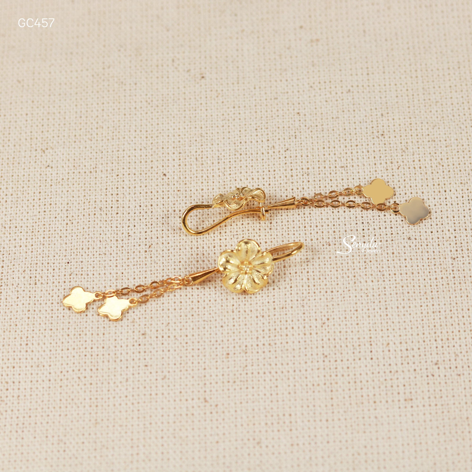 GC457 Bông tai bạc Ý Senyda khoen hoa mai nhám chụp dây dài hoa trơn treo
