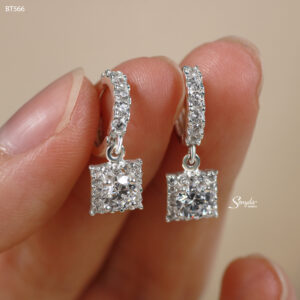 BT566 Bông tai bạc Ý Senyda khoen đá nhụy đá viền vuông treo