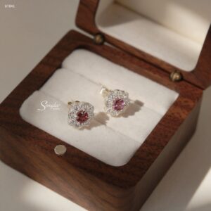 BT841 Bông tai bạc Ý Senyda mặt đá Spinel viền tròn hoa văn