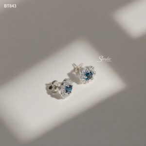 BT843 Bông tai bạc Ý Senyda mặt đá Zircon viền tròn hoa văn