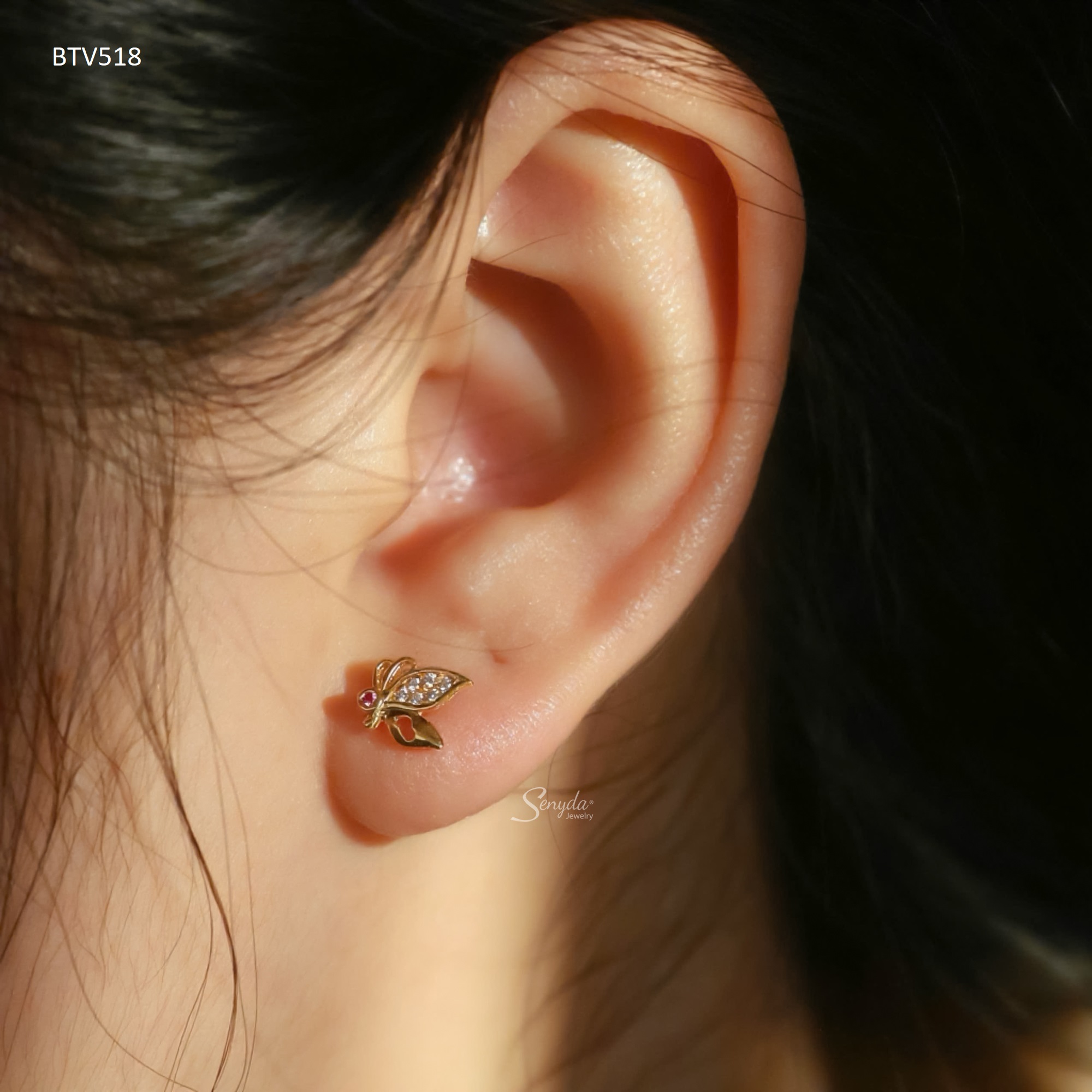 BTV518 Bông tai vàng Senyda bướm cánh trơn đá