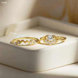 GC448 Nhẫn bạc Ý Senyda kép 1 hột tim đai hoa văn nhánh lá - vương miện nhánh lá xen đá hở