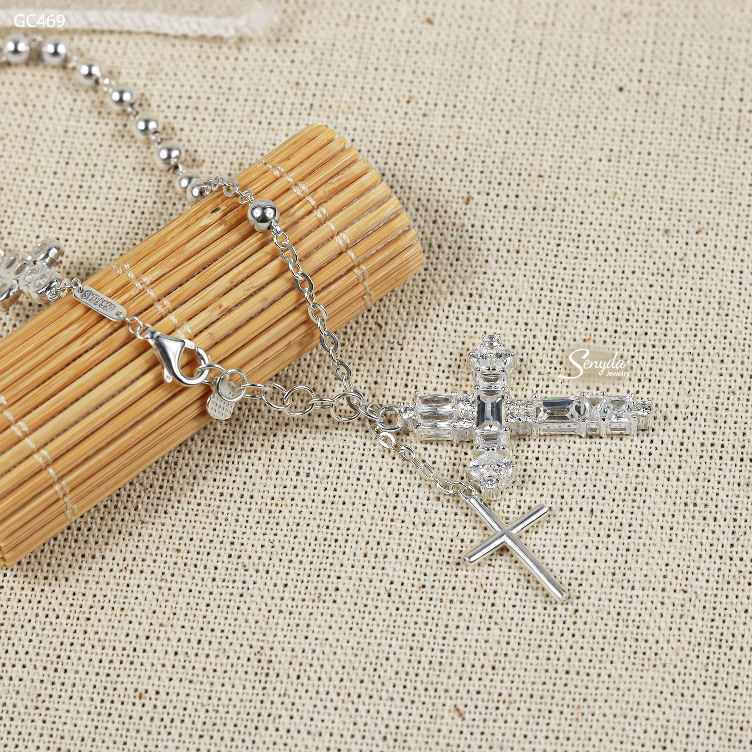 GC469 Lắc tay bạc Ý Senyda dây chữ cong xen bi treo charm thánh giá