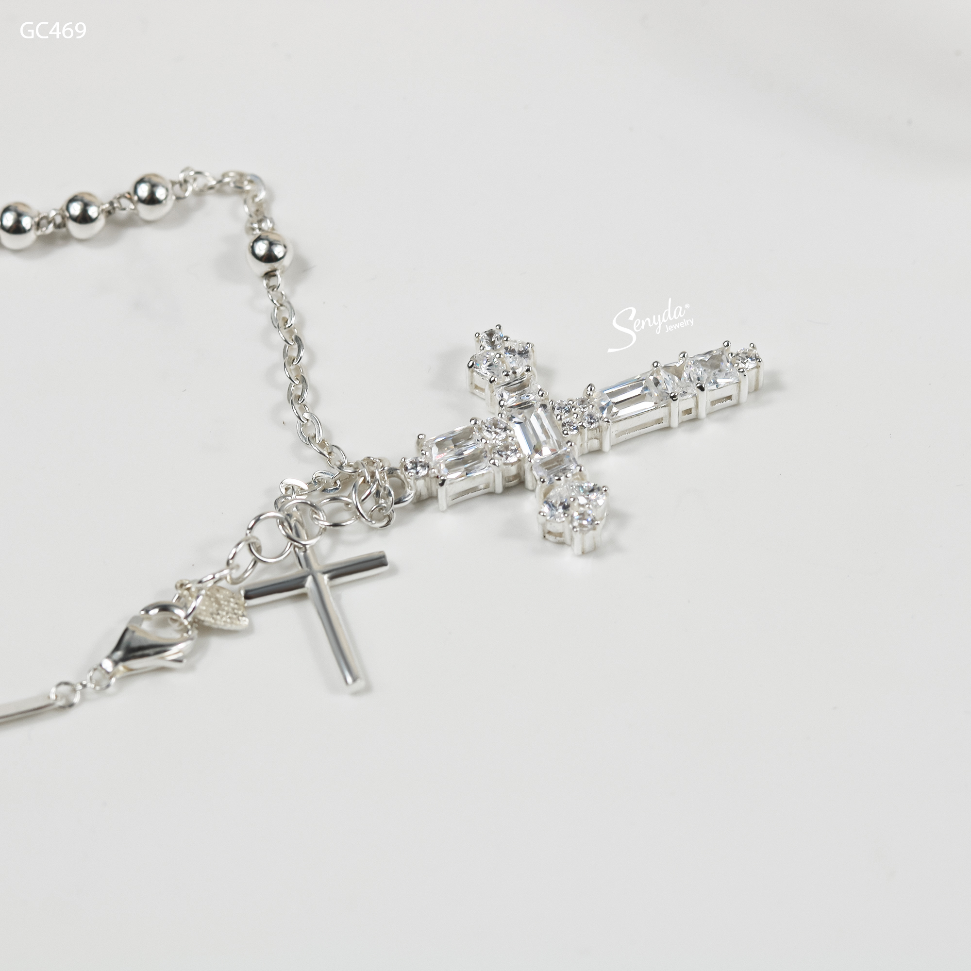 GC469 Lắc tay bạc Ý Senyda dây chữ cong xen bi treo charm thánh giá