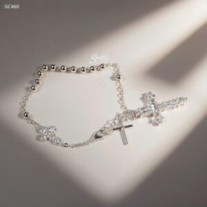 GC469 Lắc tay bạc Ý Senyda dây chữ cong xen bi treo charm thánh giá