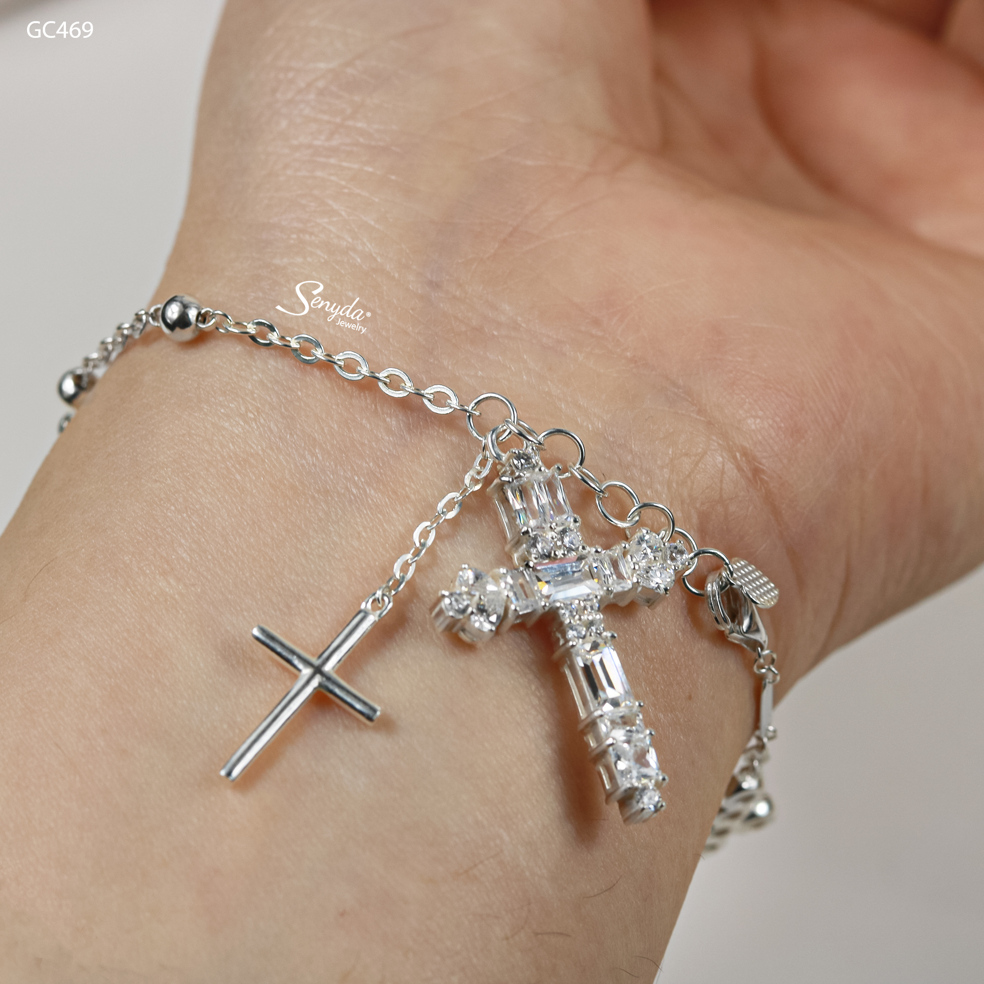 GC469 Lắc tay bạc Ý Senyda dây chữ cong xen bi treo charm thánh giá