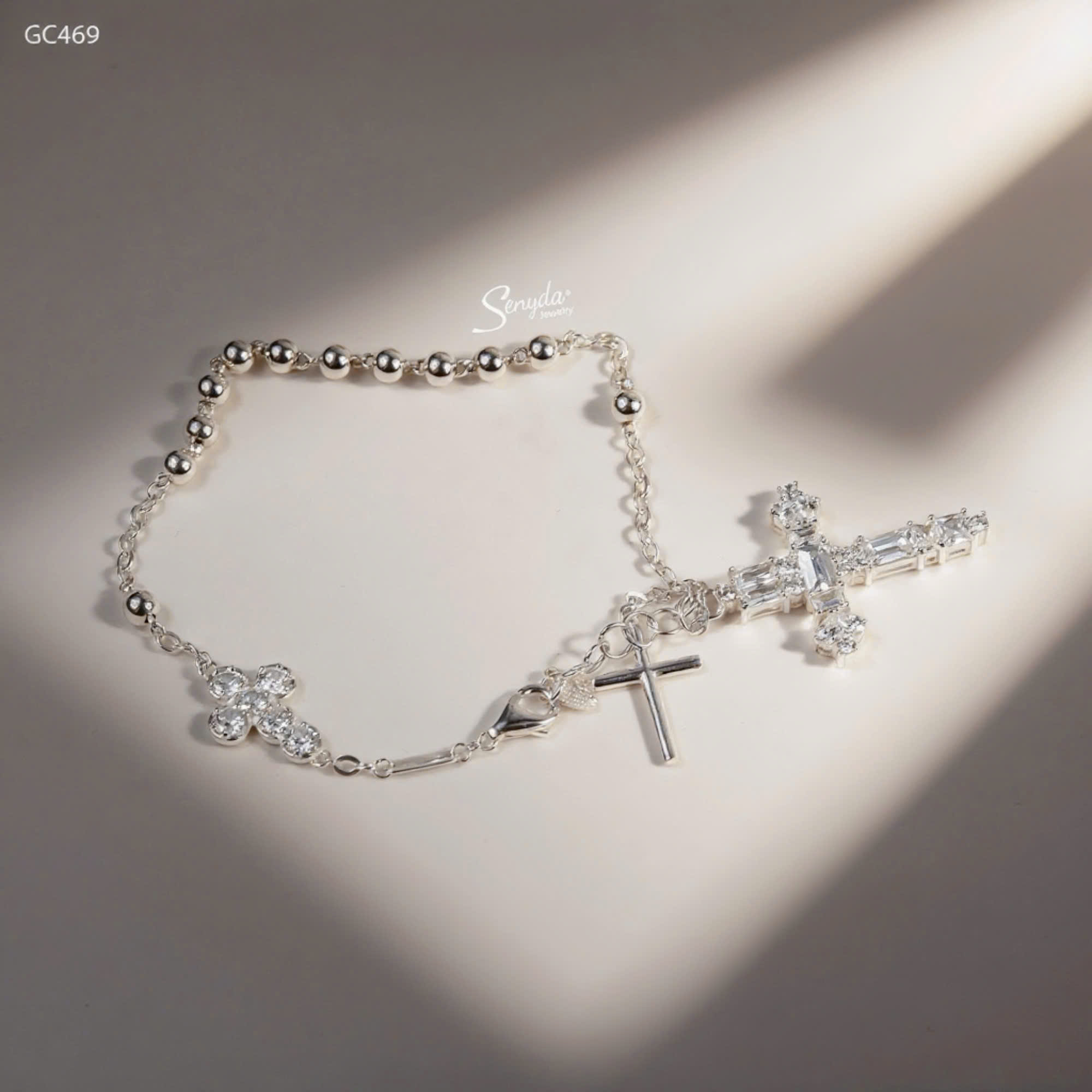 GC469 Lắc tay bạc Ý Senyda dây chữ cong xen bi treo charm thánh giá