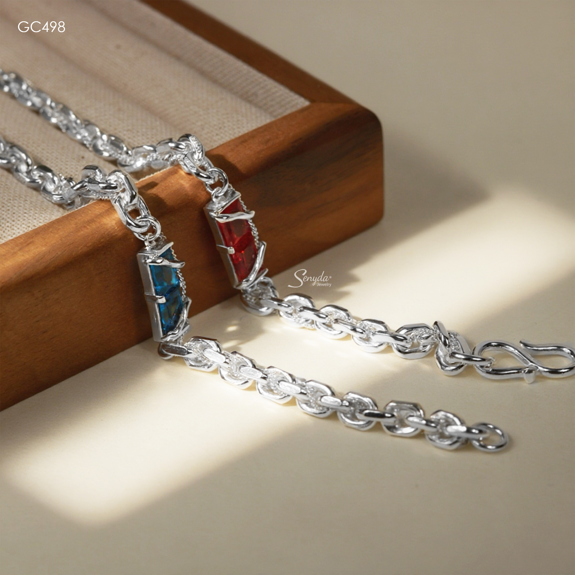 GC498 Lắc tay bạc Ý Senyda dây chữ cong lớn mặt 2 viên đá liền nhau