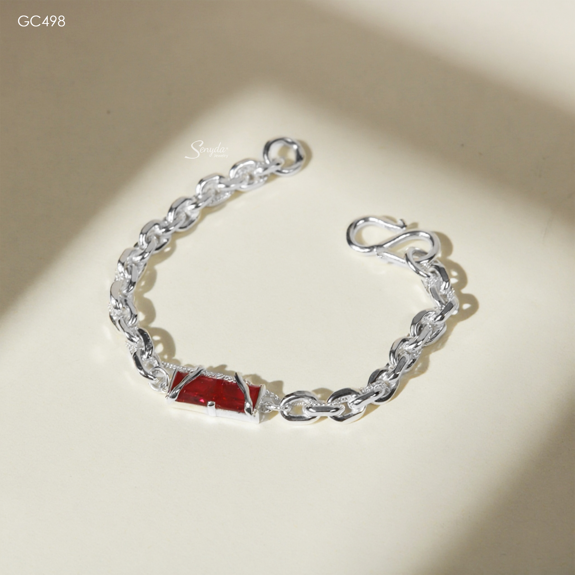 GC498 Lắc tay bạc Ý Senyda dây chữ cong lớn mặt 2 viên đá liền nhau