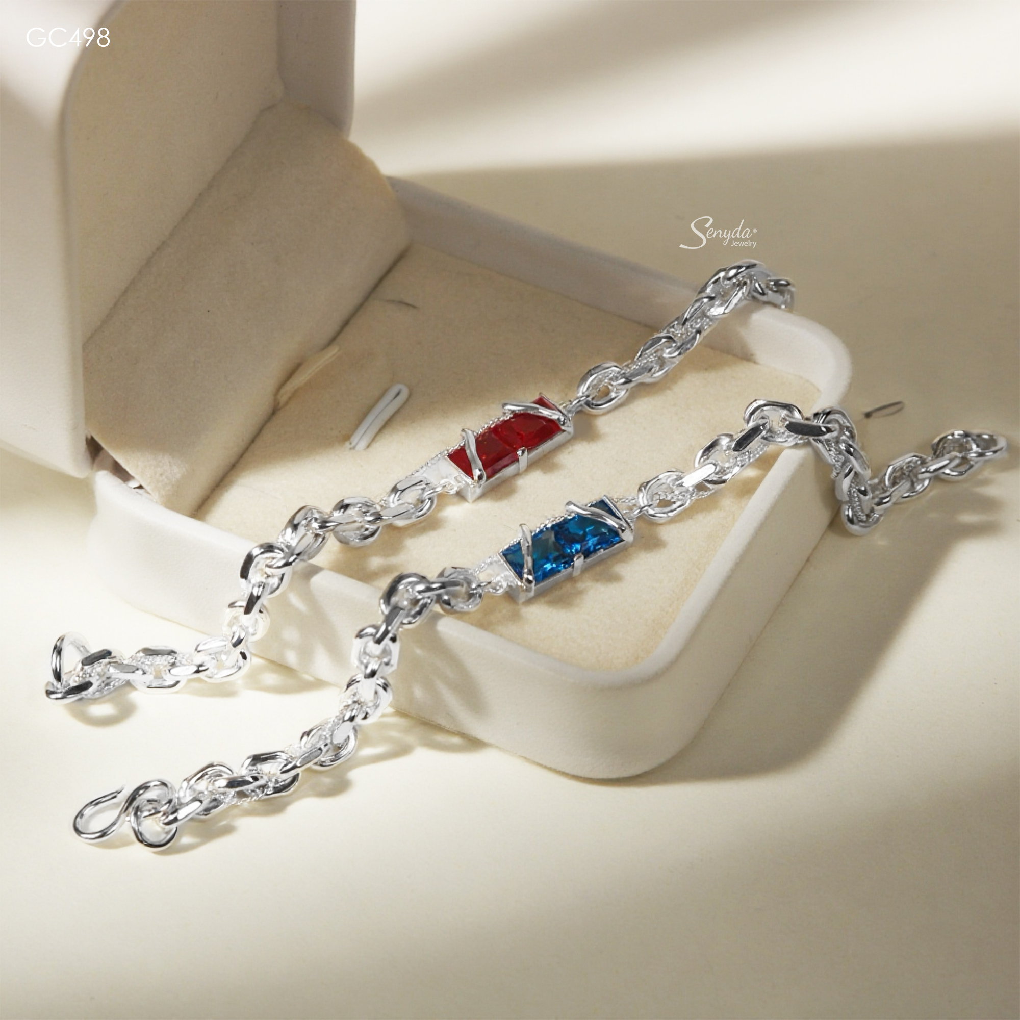 GC498 Lắc tay bạc Ý Senyda dây chữ cong lớn mặt 2 viên đá liền nhau