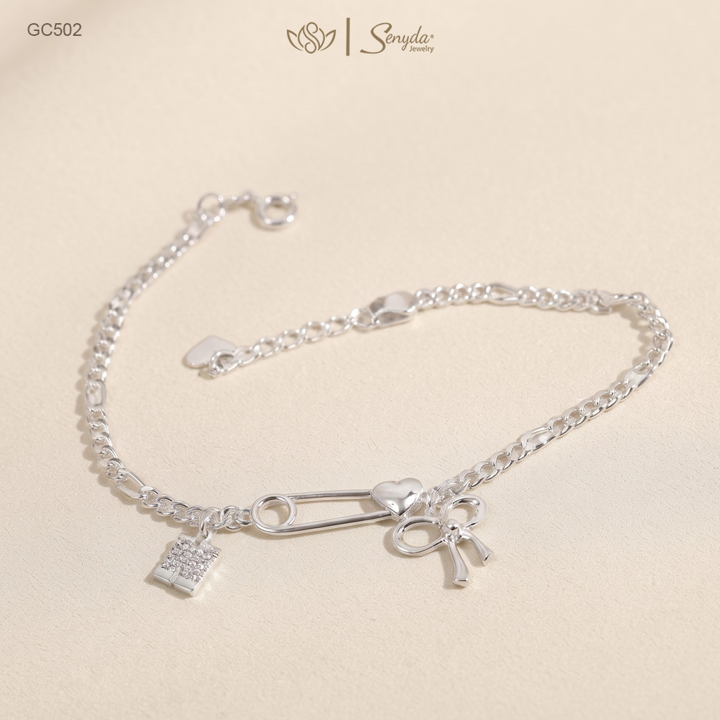 GC502 Lắc tay bạc Ý Senyda dây khoen lật xen khoen dài mặt ghim tây treo charm