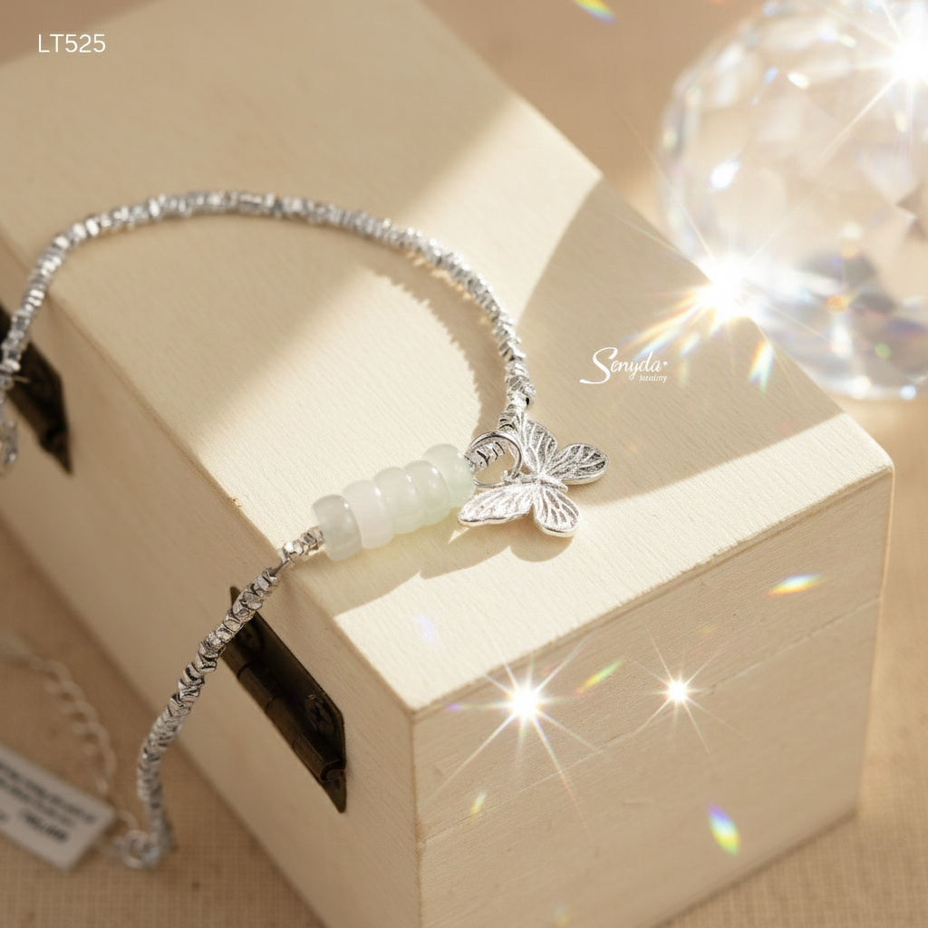 LT525 Lắc tay bạc Ý Senyda xỏ khối bạc vuông nhỏ phối đá thiên nhiên charm bướm treo